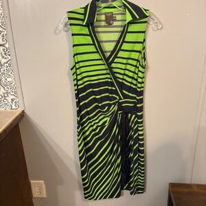 Taylor‎ Lime Green Navy Blue Striped Faux Wrap Sleevless Dress (Women's 6)